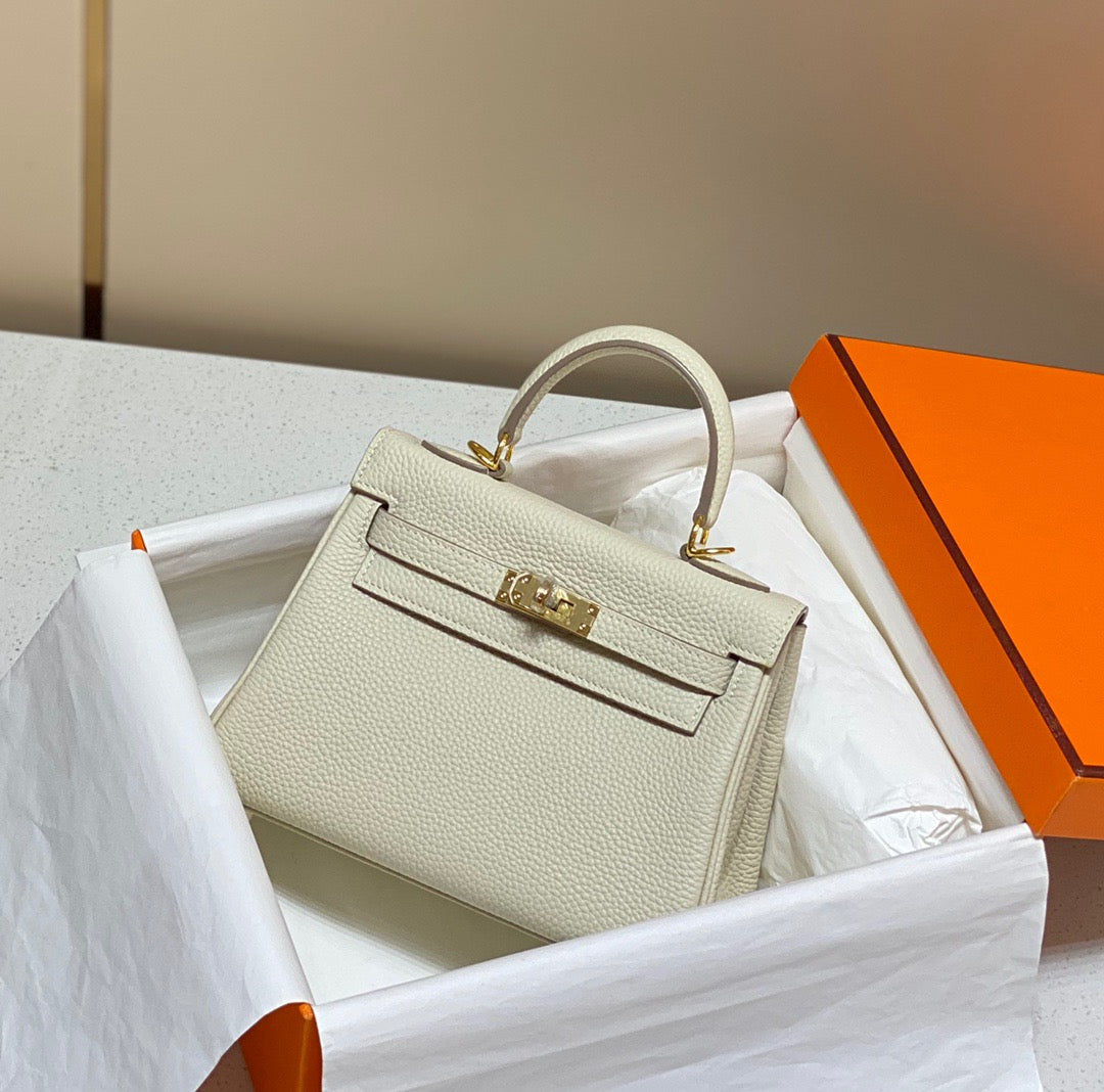 Hermes Kelly 20cm Bag In Wool White Togo Leather