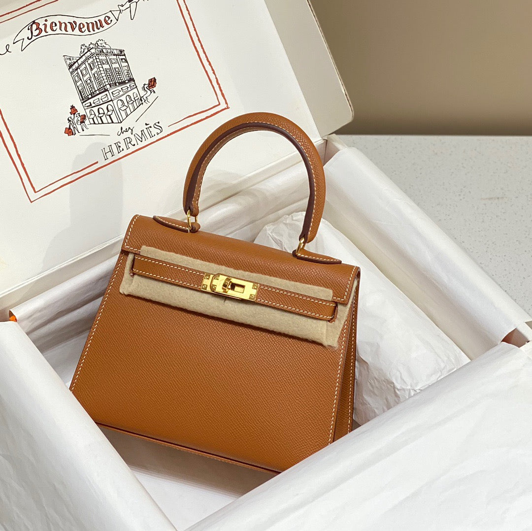 Hermes Kelly 20cm Bag In Gold Brown Epsom Leather