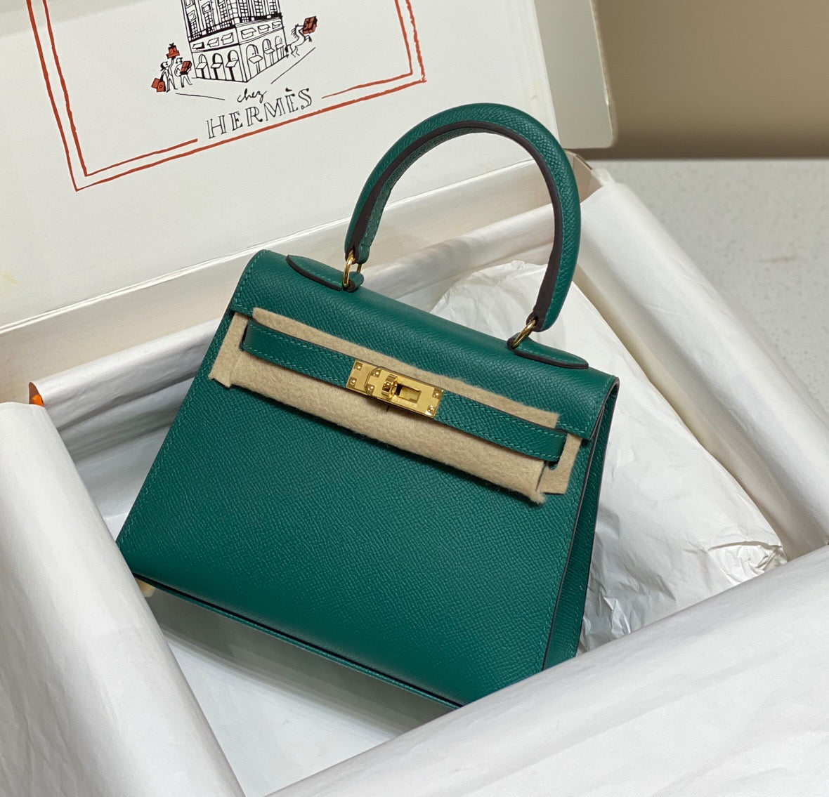 Hermes Kelly 20cm Bag In Emerald Epsom Leather