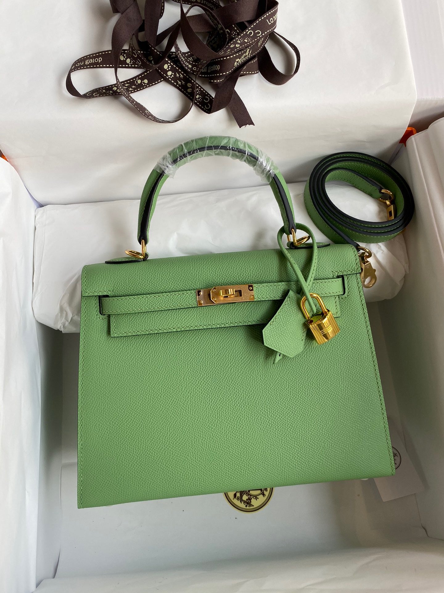 Hermes Kelly 25cm Sellier Bag in Vert Criquet Epsom Leather