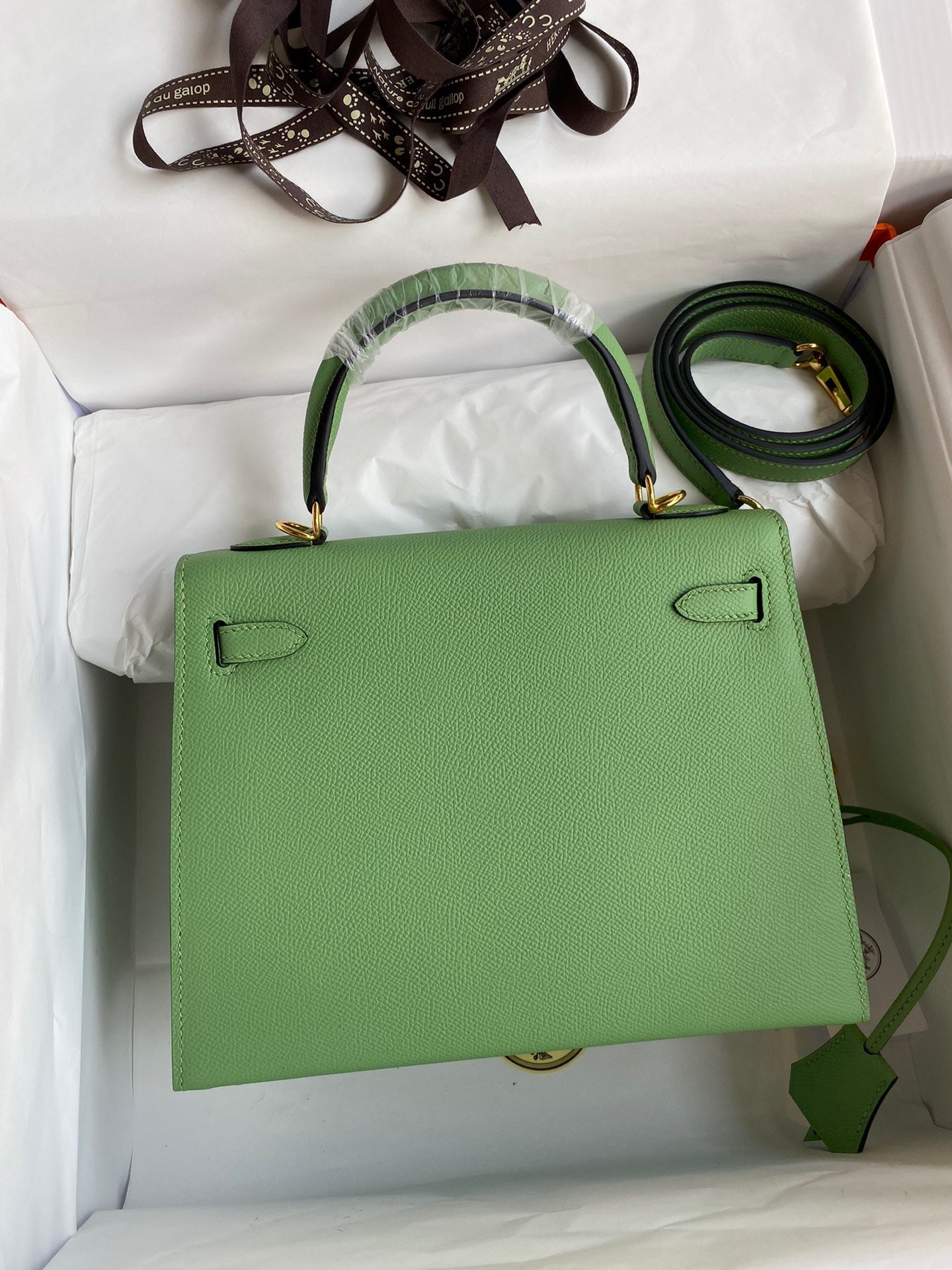 Hermes Kelly 25cm Sellier Bag in Vert Criquet Epsom Leather