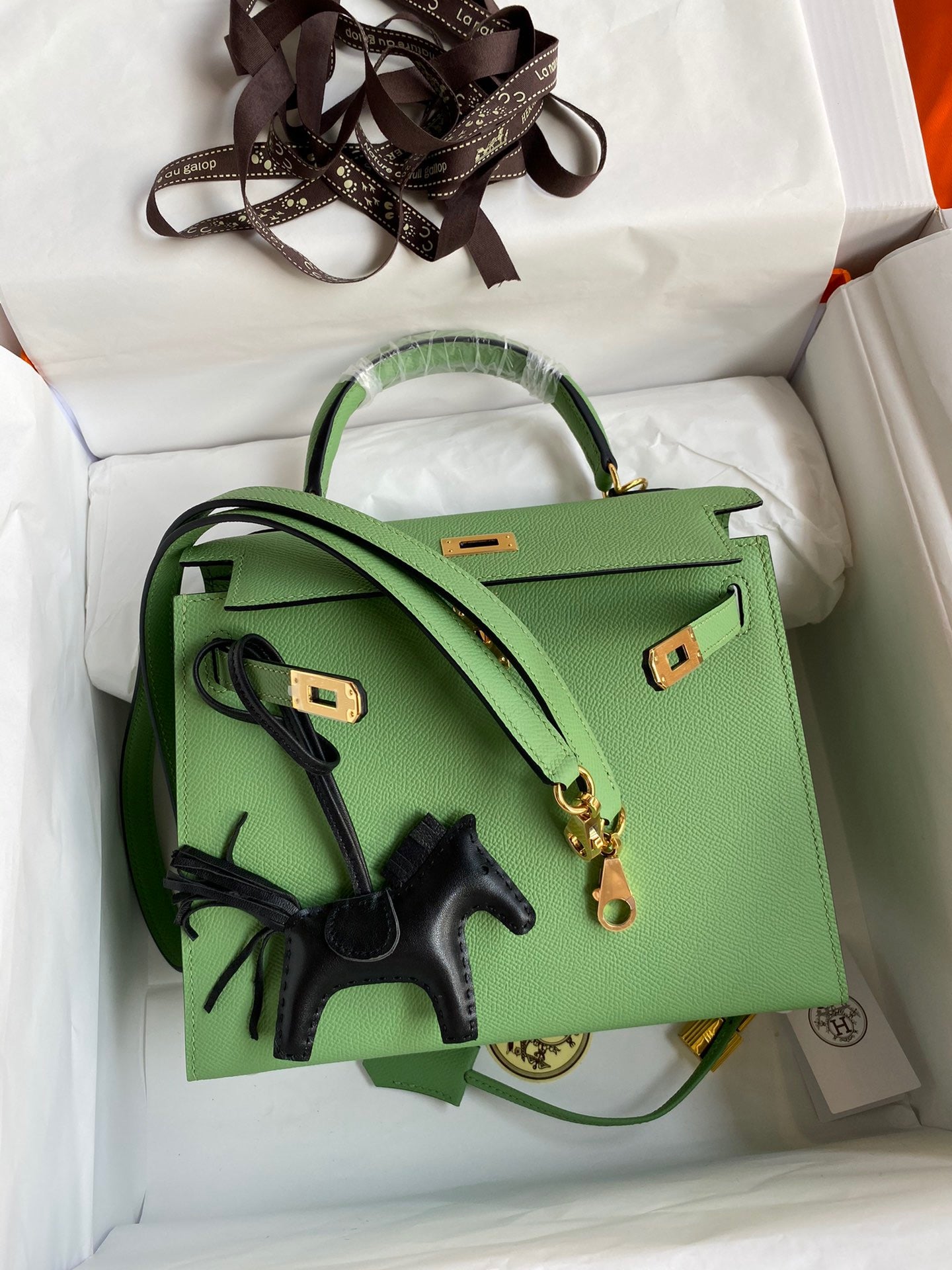 Hermes Kelly 25cm Sellier Bag in Vert Criquet Epsom Leather