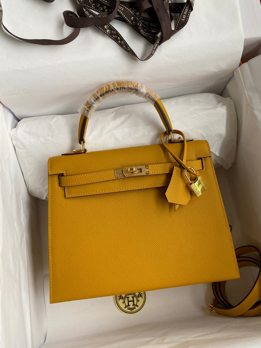 Hermes Kelly 25cm Sellier Bag in Jaune Ambre Epsom Leather