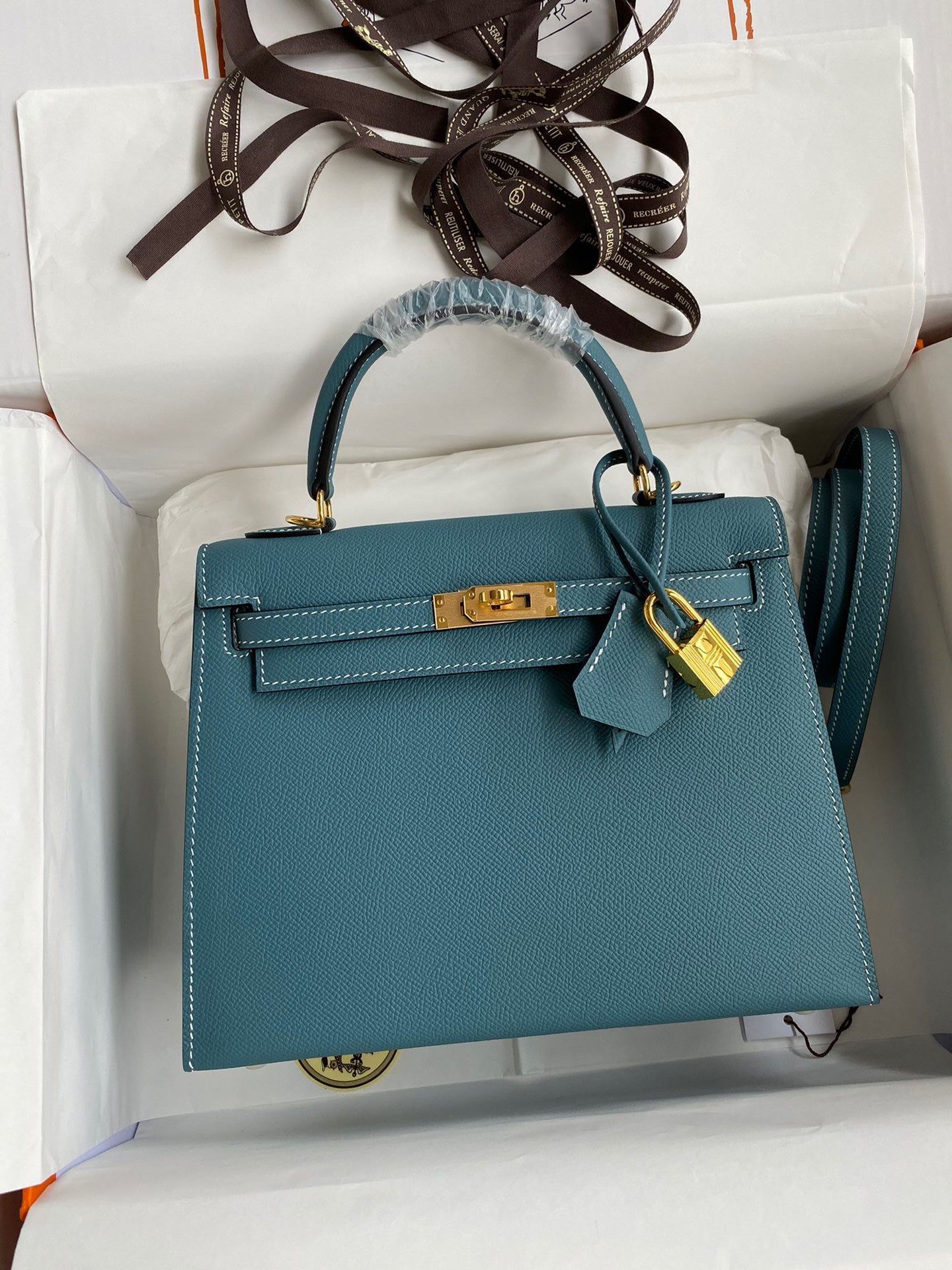 Hermes Kelly 25cm Sellier Bag in Blue Jean Epsom Leather