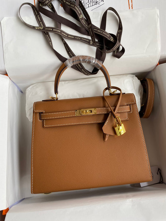 Hermes Kelly 25cm Sellier Bag in Gold Brown Epsom Leather