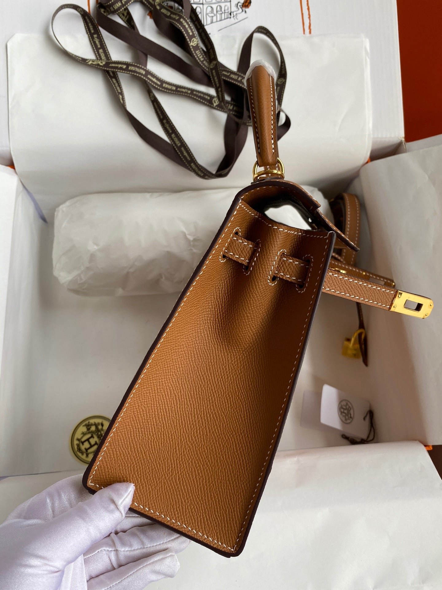 Hermes Kelly 25cm Sellier Bag in Gold Brown Epsom Leather