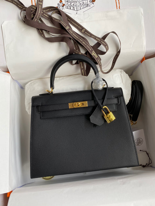 Hermes Kelly 25cm Sellier Bag in Black Epsom Leather