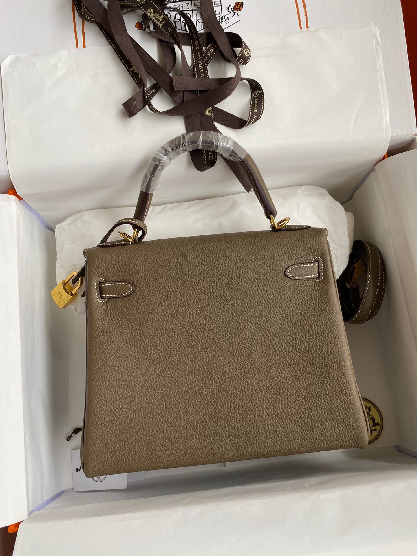 Hermes Kelly 25cm Sellier Bag in Etoupe Togo Leather