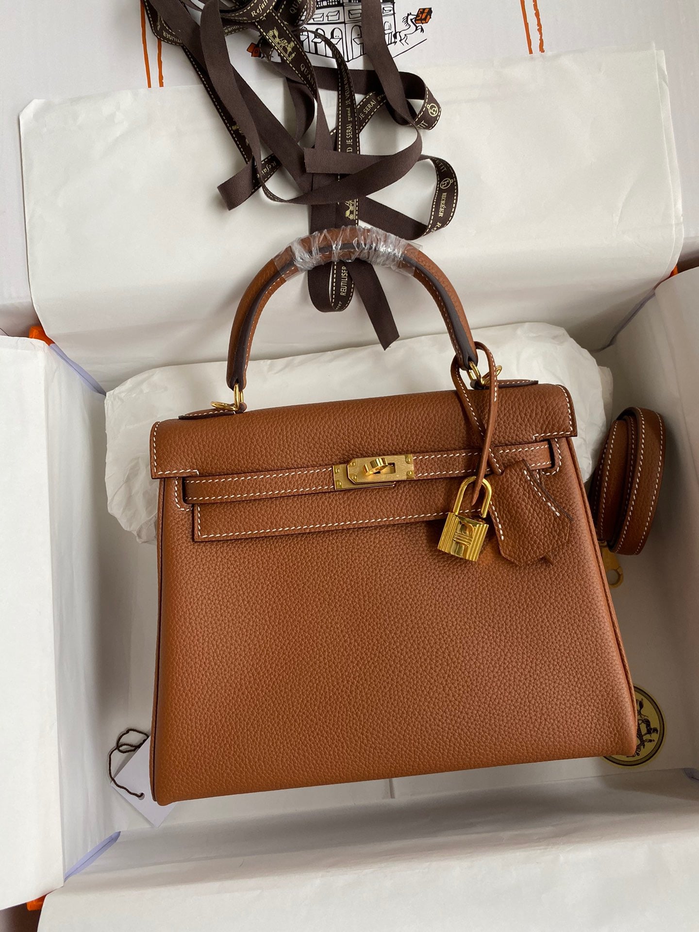 Hermes Kelly 25cm Sellier Bag in Gold Brown Togo Leather