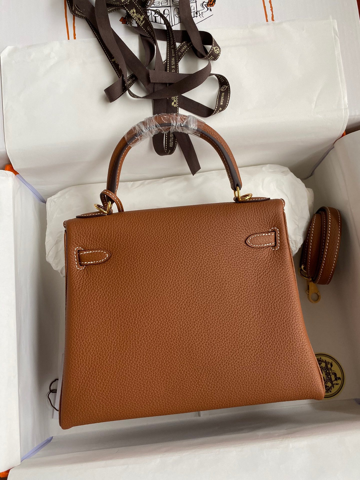 Hermes Kelly 25cm Sellier Bag in Gold Brown Togo Leather