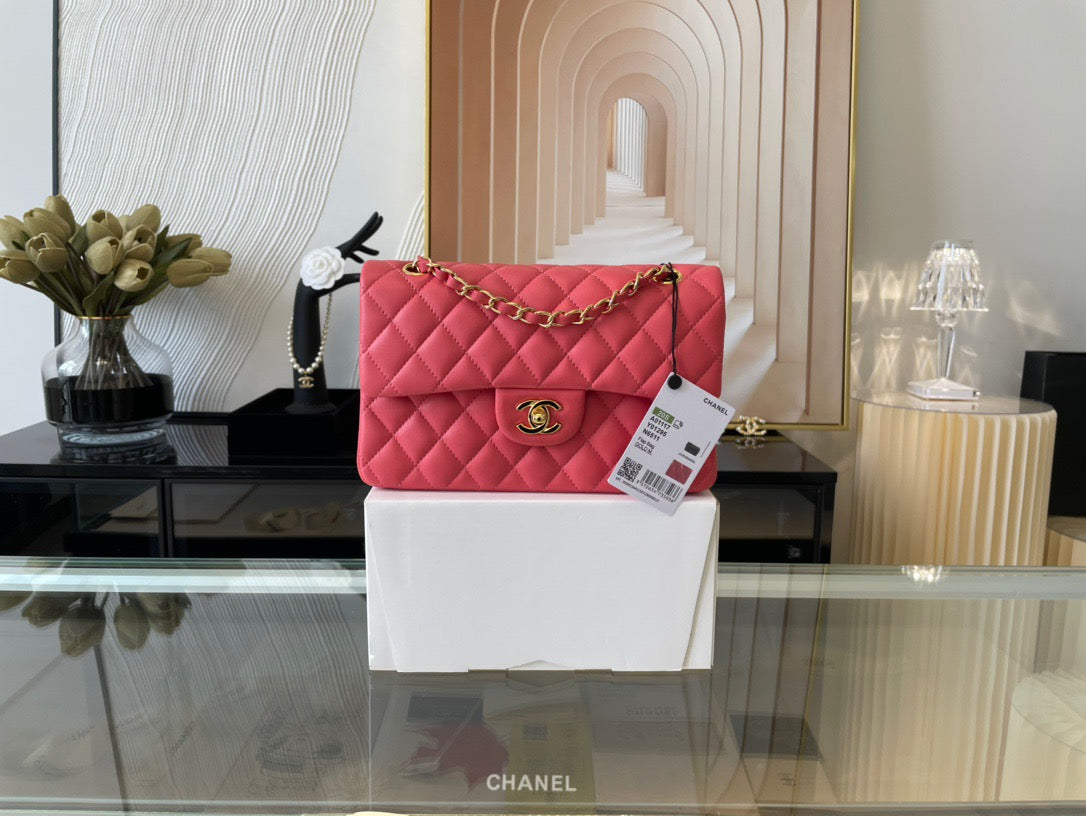 Chanel Classic Flap Small In Rose Red Lambskin