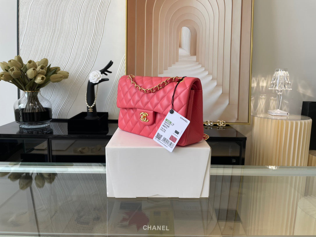 Chanel Classic Flap Small In Rose Red Lambskin