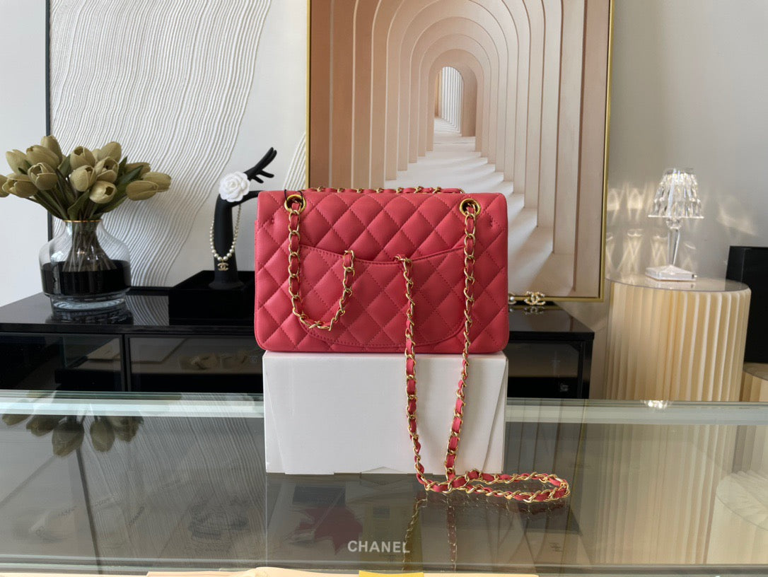 Chanel Classic Flap Small In Rose Red Lambskin