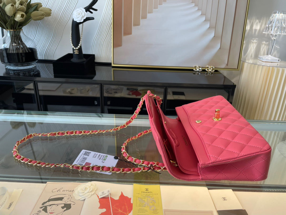 Chanel Classic Flap Small In Rose Red Lambskin