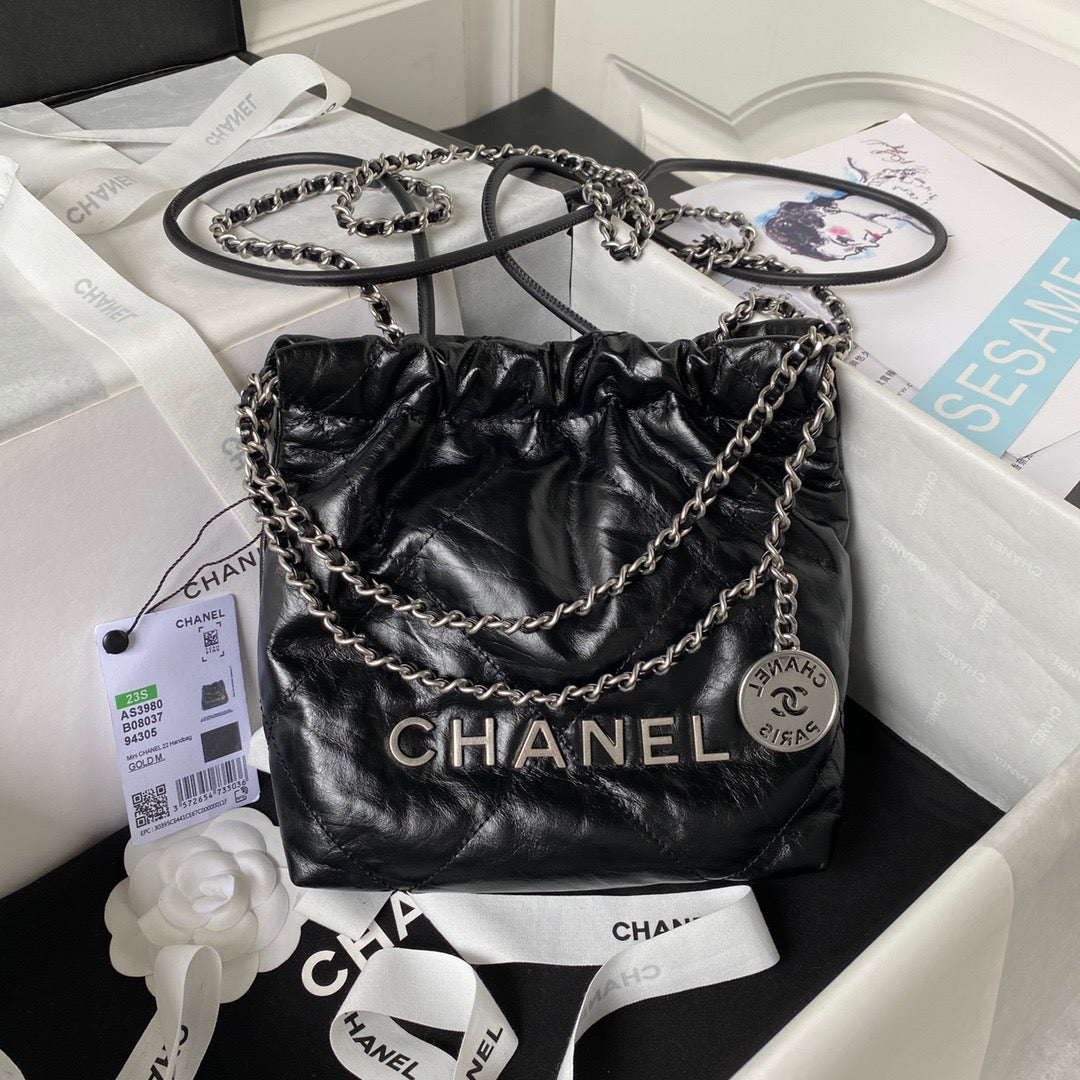 Chanel 22 Mini Silver Chain Bag In Black Shiny Leather