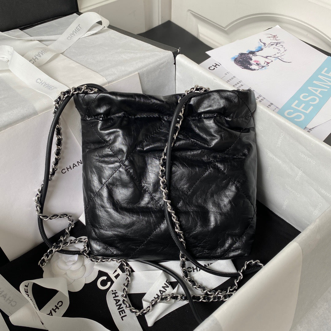 Chanel 22 Mini Silver Chain Bag In Black Shiny Leather