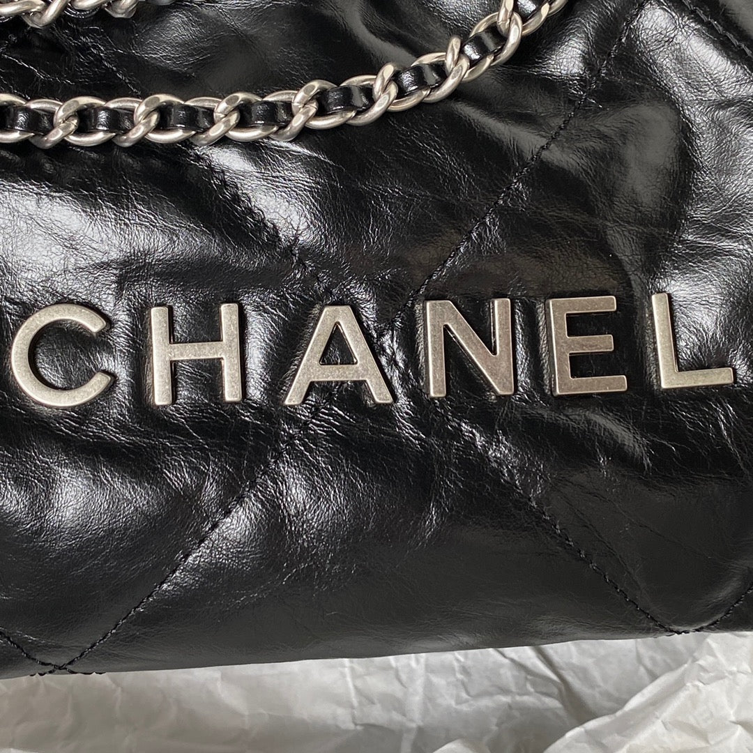 Chanel 22 Mini Silver Chain Bag In Black Shiny Leather