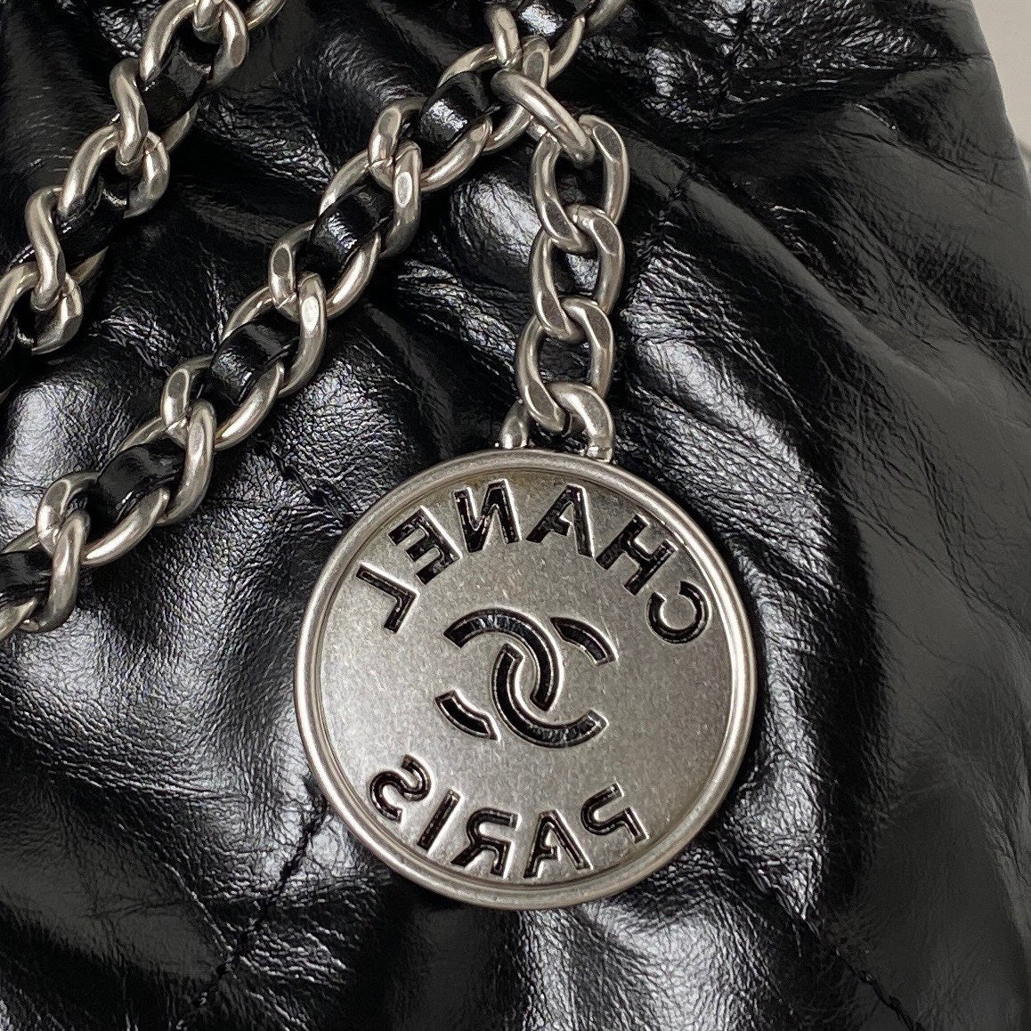 Chanel 22 Mini Silver Chain Bag In Black Shiny Leather