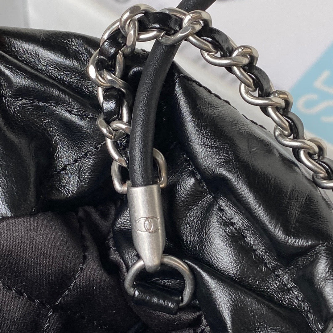 Chanel 22 Mini Silver Chain Bag In Black Shiny Leather