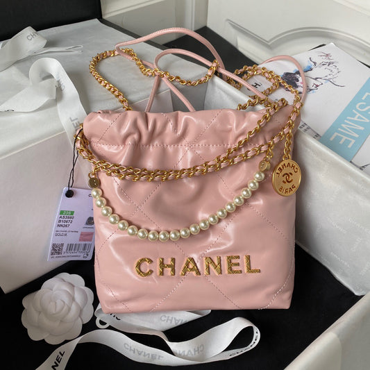 Chanel 22 Mini Pearl Bag In Pink Shiny Leather