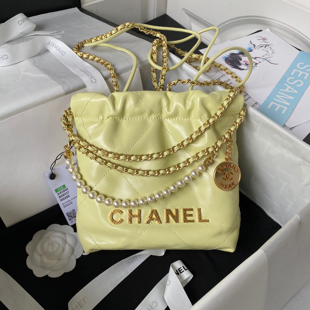 Chanel 22 Mini Pearl Bag In Yellow Shiny Leather