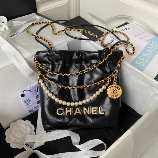 Chanel 22 Mini Pearl Bag In Black Shiny Leather