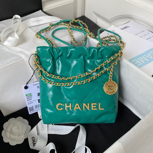 Chanel 22 Mini Bag In Dark Green Shiny Leather