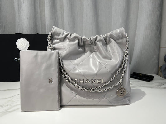 Chanel 22 Bag In Gray Calfskin Leather