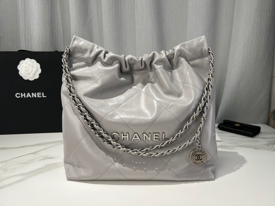 Chanel 22 Bag In Gray Calfskin Leather