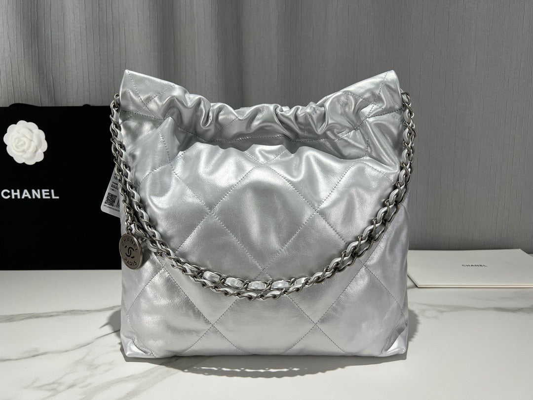 Chanel 22 Bag In Silver Calfskin Leather