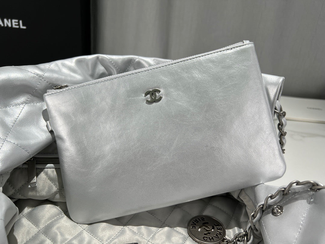 Chanel 22 Bag In Silver Calfskin Leather