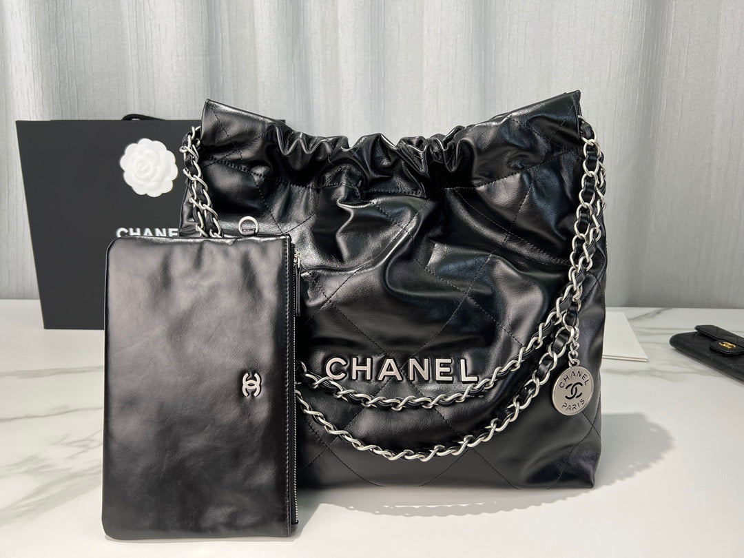 Chanel 22 Bag In Black Silver Chain Calfskin Leather