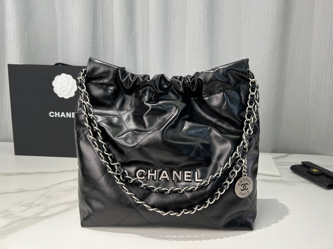 Chanel 22 Bag In Black Silver Chain Calfskin Leather