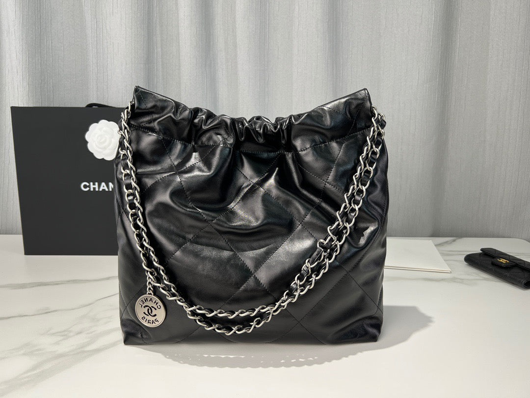 Chanel 22 Bag In Black Silver Chain Calfskin Leather