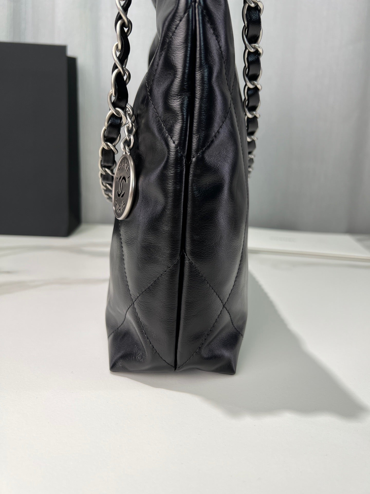 Chanel 22 Bag In Black Silver Chain Calfskin Leather