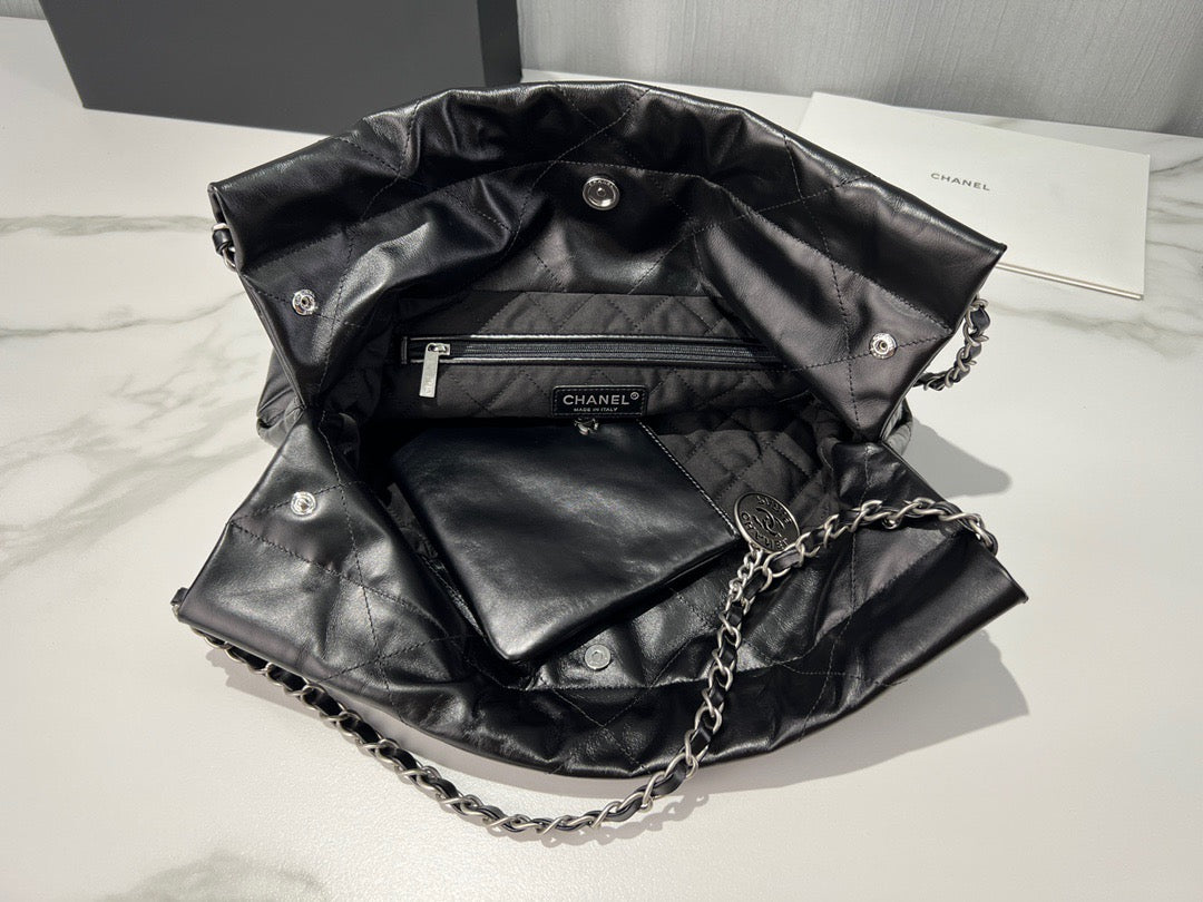 Chanel 22 Bag In Black Silver Chain Calfskin Leather