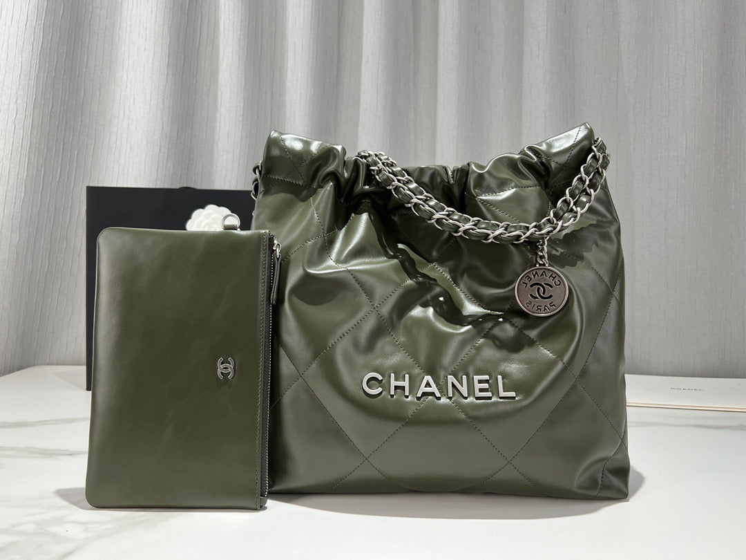 Chanel 22 Bag In Olive Green Calfskin Leather