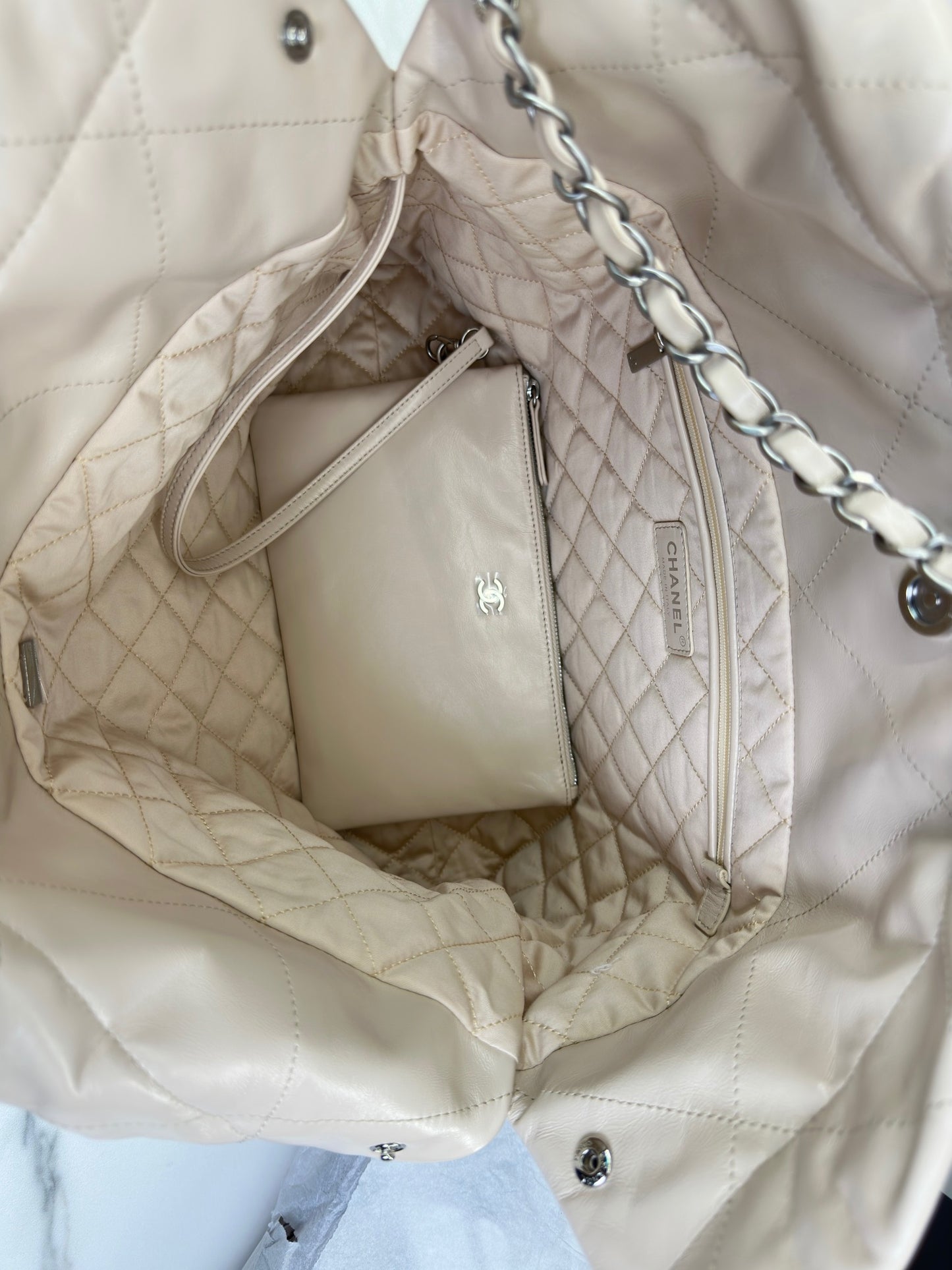 Chanel 22 Bag In Beige Calfskin  Leather