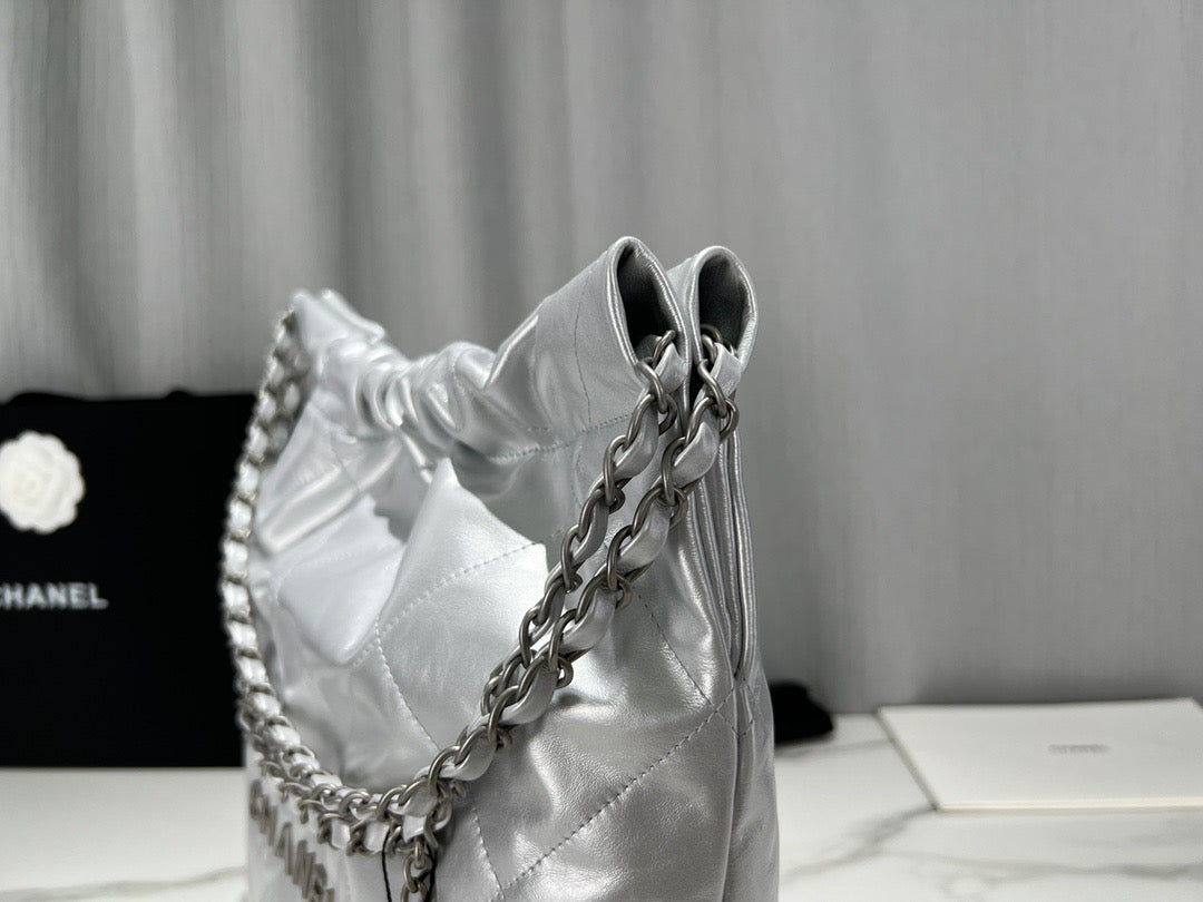 Chanel 22 Bag In Silver Calfskin Leather