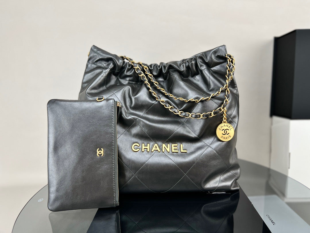 Chanel 22 Bag In Gray Calfskin  Leather