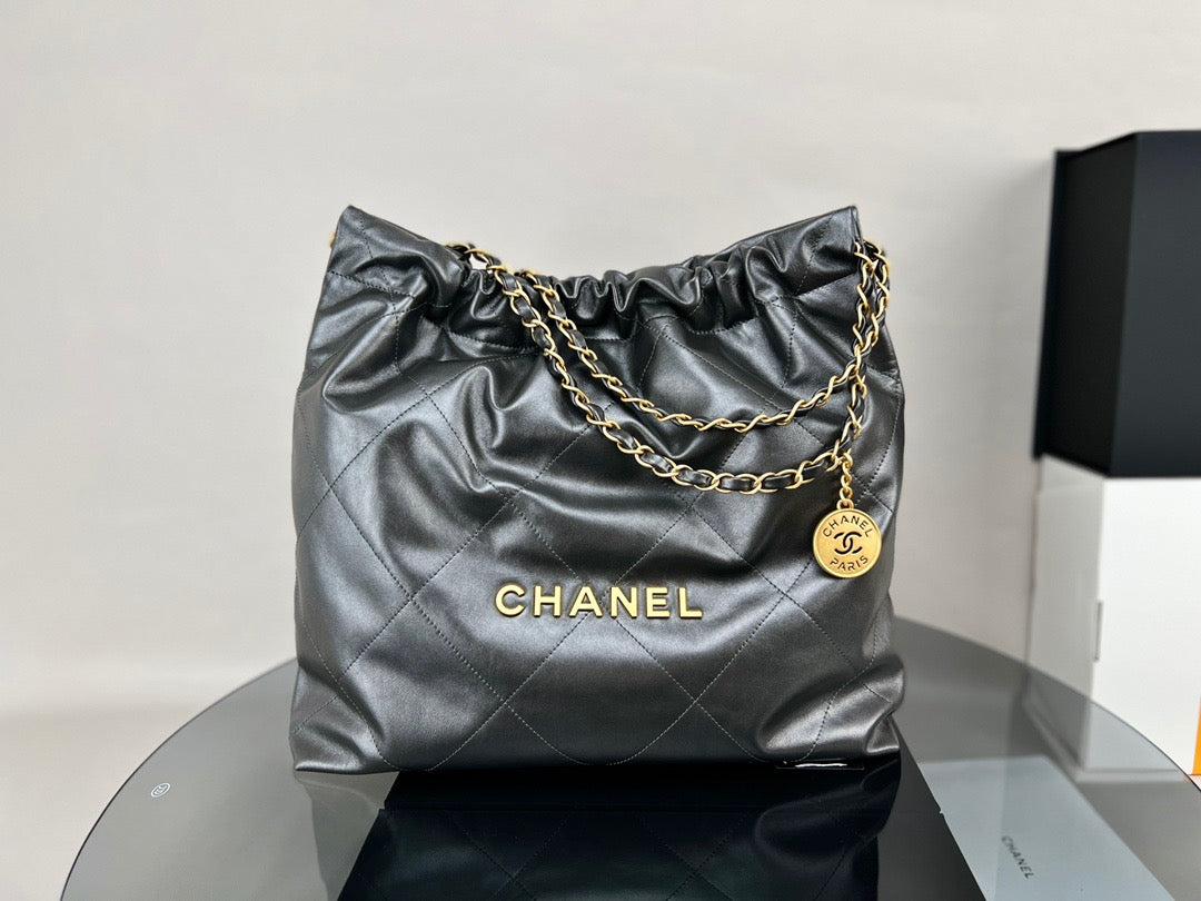 Chanel 22 Bag In Gray Calfskin  Leather