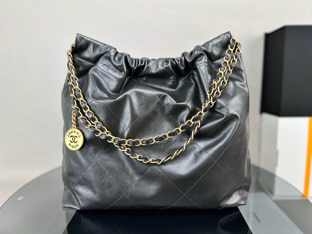 Chanel 22 Bag In Gray Calfskin  Leather