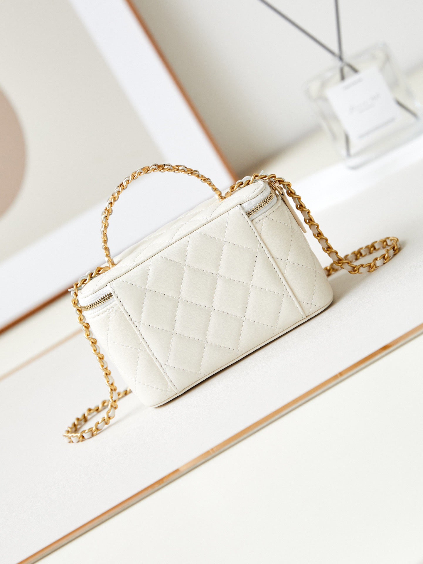 Chanel Classic CC Vanity Case White Lambskin Gold Hardware With Handle