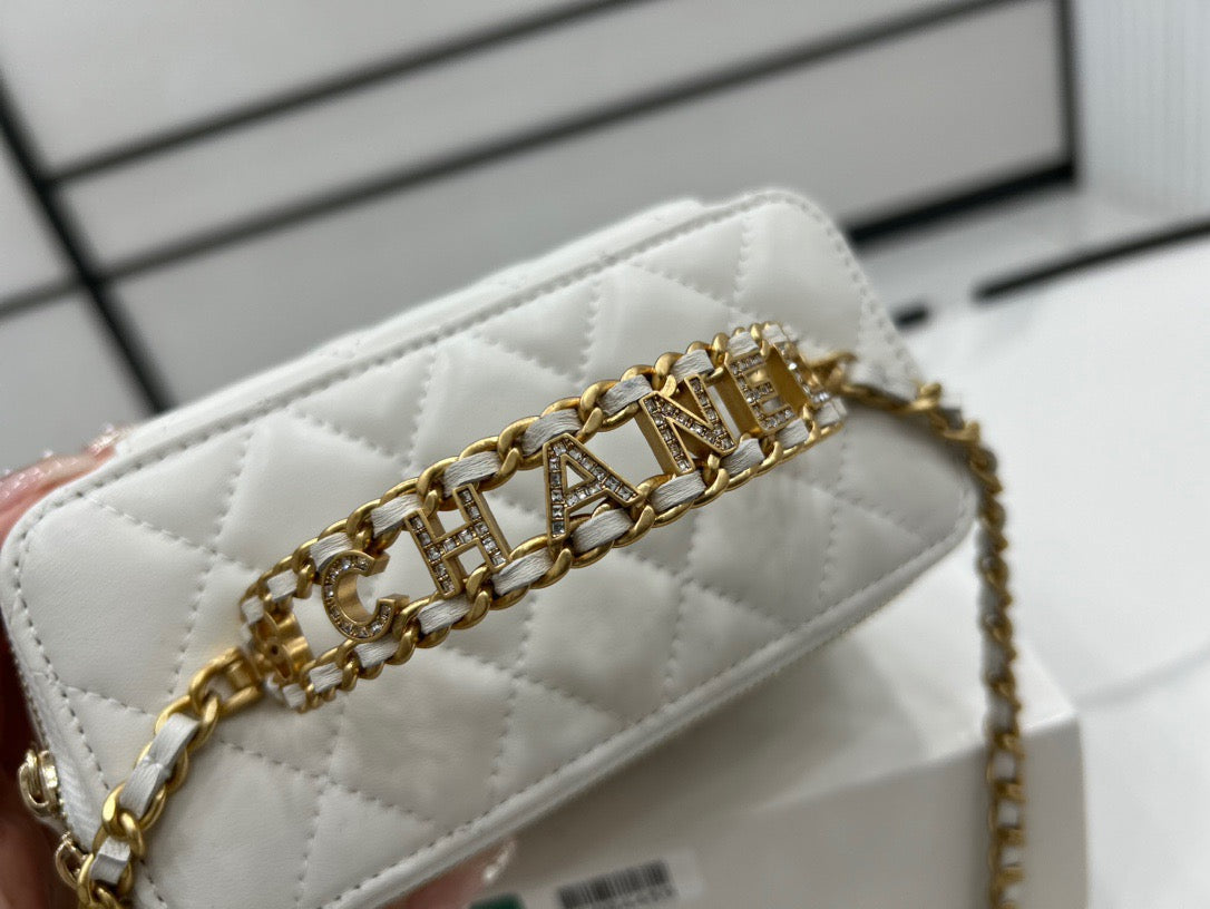 Chanel Classic CC Vanity Case White Lambskin Gold Hardware With Handle