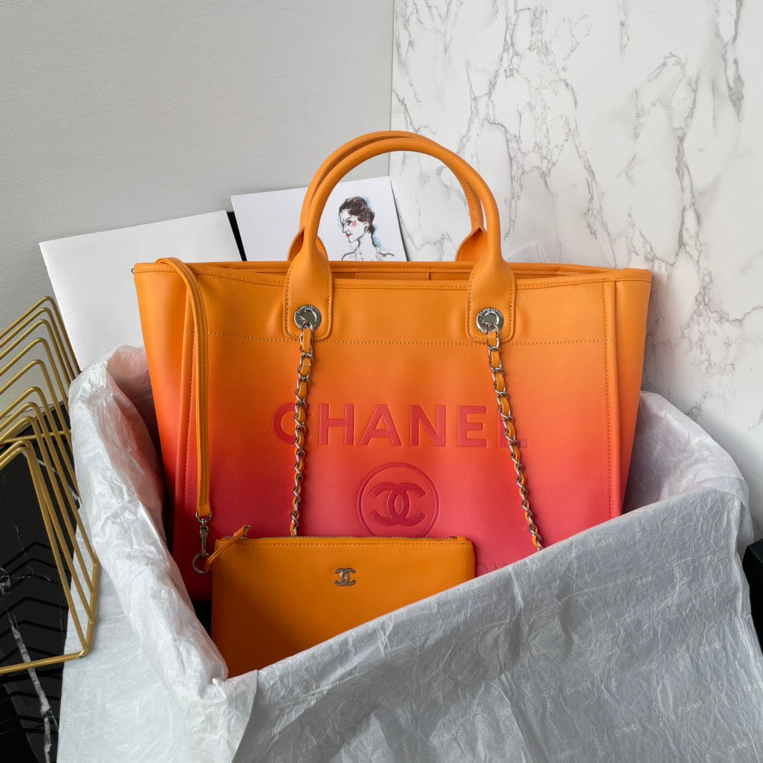 CHANEL Beach Leather Tote Bag In Red-orange Gradient