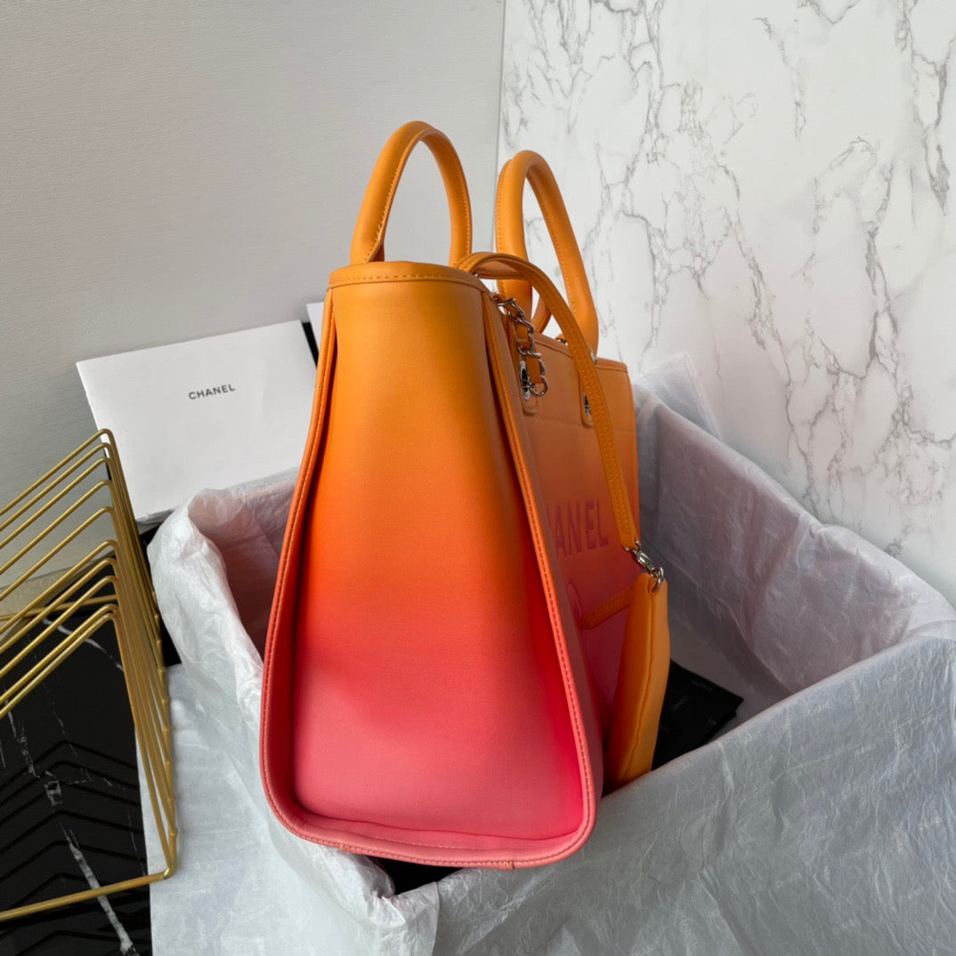 CHANEL Beach Leather Tote Bag In Red-orange Gradient