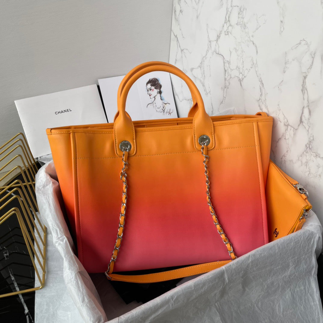 CHANEL Beach Leather Tote Bag In Red-orange Gradient