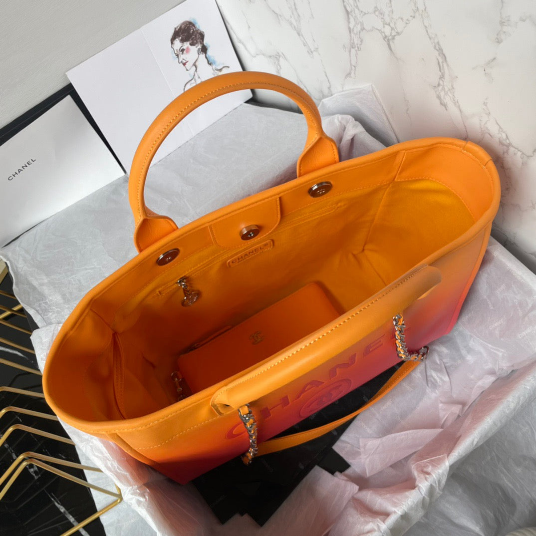 CHANEL Beach Leather Tote Bag In Red-orange Gradient