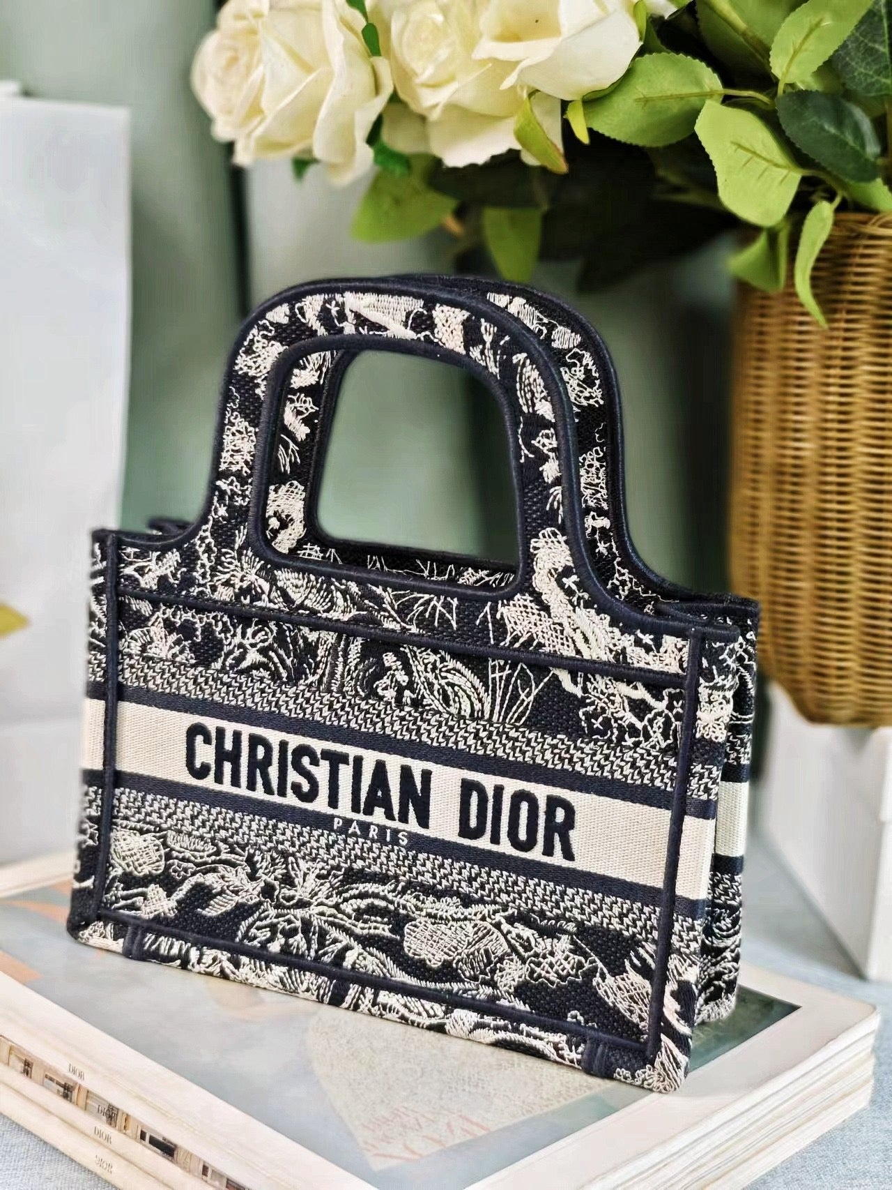 Dior Black Animal Jungle Embroidered Mini Book Tote Bag