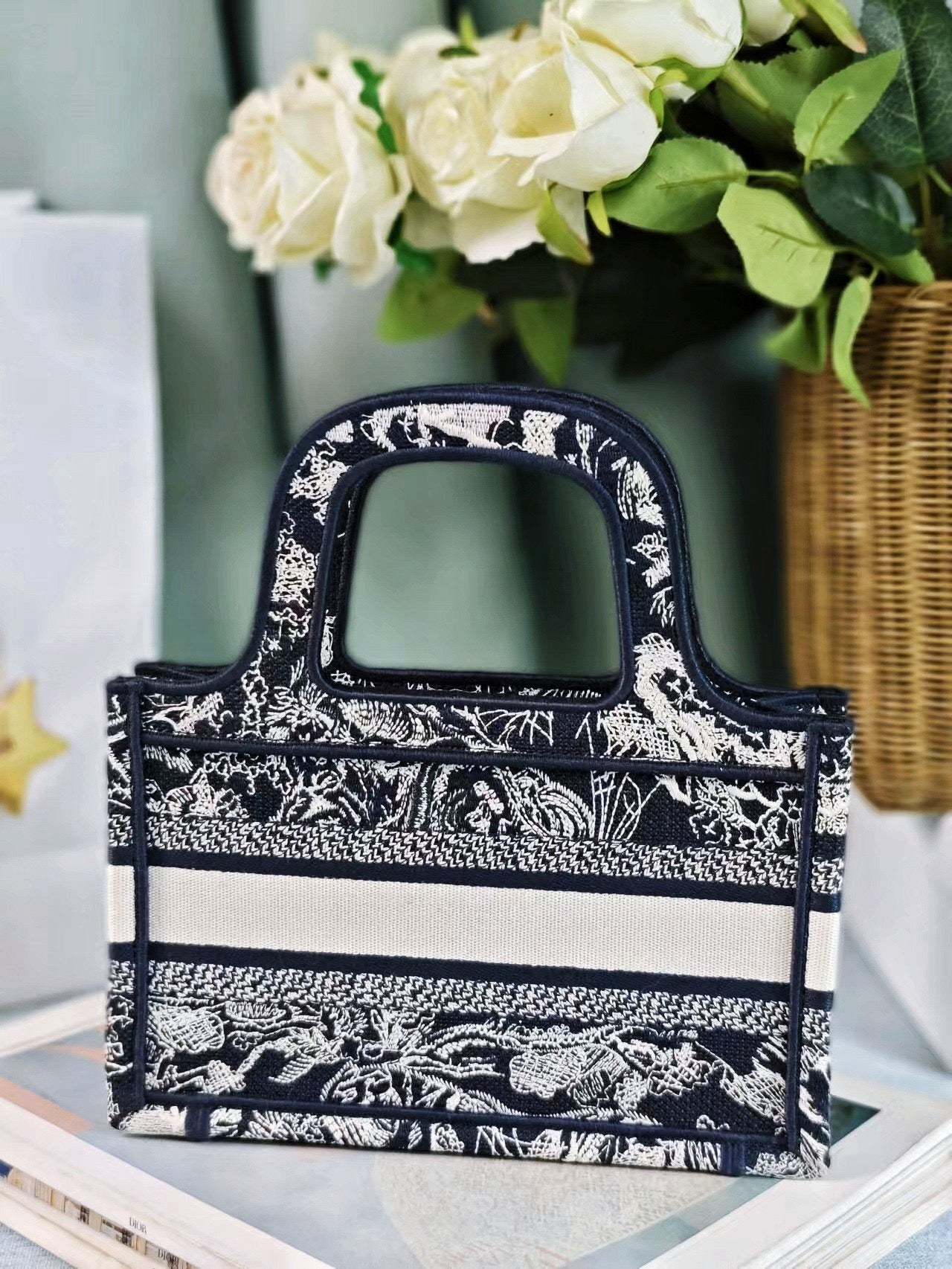 Dior Black Animal Jungle Embroidered Mini Book Tote Bag